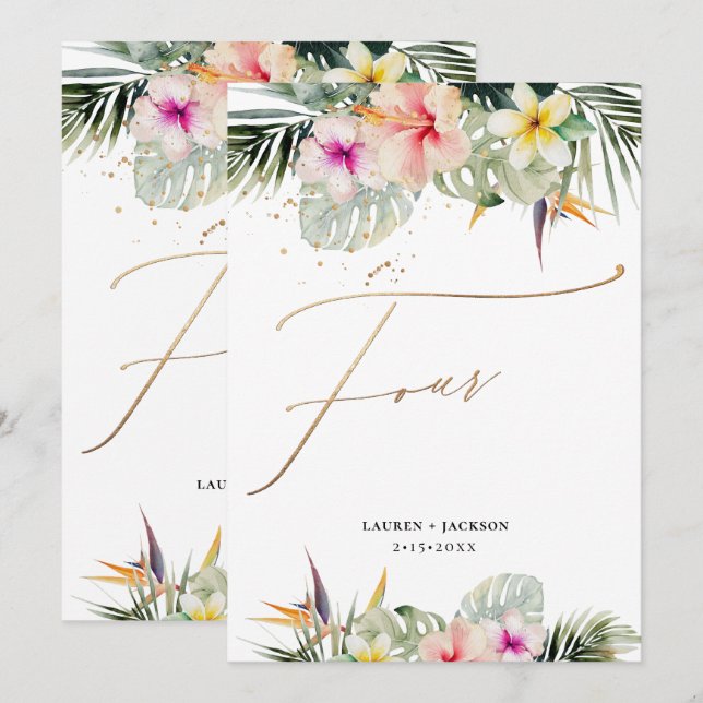 Invitation ArtsApp Tropical Paradise Faux Gold Table Four (Devant / Derrière)
