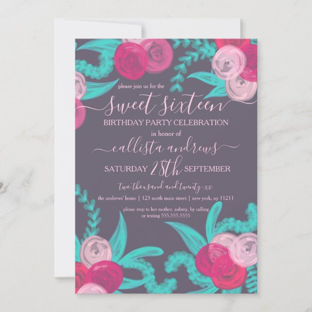 Invitation Artsy brillant Neon rose Turquoise Fleurs Douce 16 (Devant)