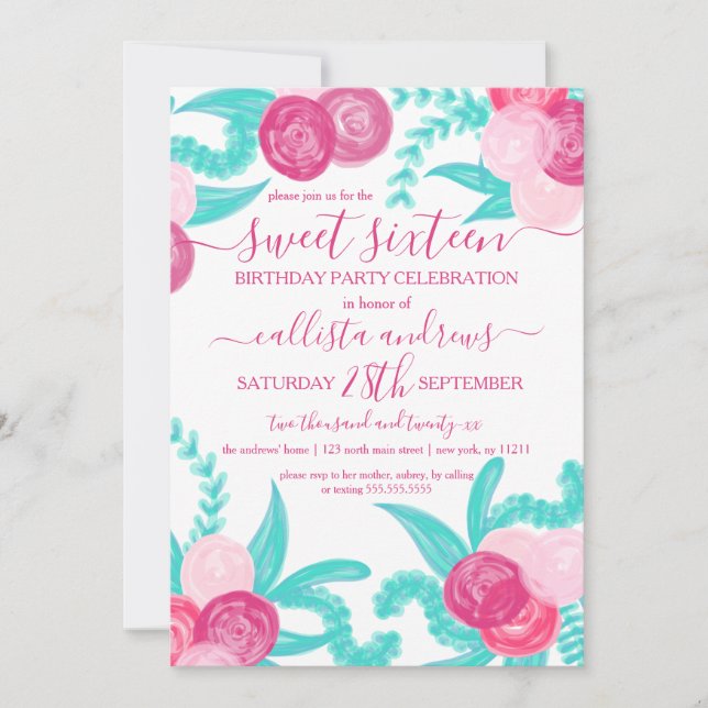 Invitation Artsy brillant Neon rose Turquoise Fleurs Douce 16 (Devant)