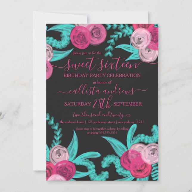 Invitation Artsy brillant Neon rose Turquoise Fleurs Douce 16 (Devant)