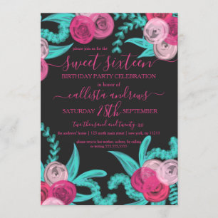 Invitation Artsy brillant Neon rose Turquoise Fleurs Douce 16