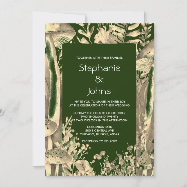 Invitation Artsy d'or foncé Champignons Mariage de bois (Devant)