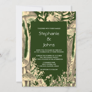 Invitation Artsy d'or foncé Champignons Mariage de bois