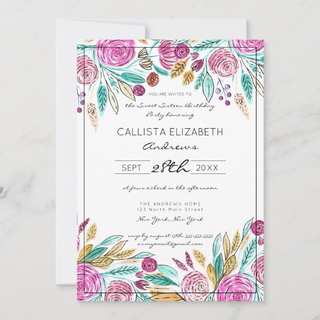 Invitation Artsy Elegant rose Turquoise Aquarelle Florale dou (Devant)