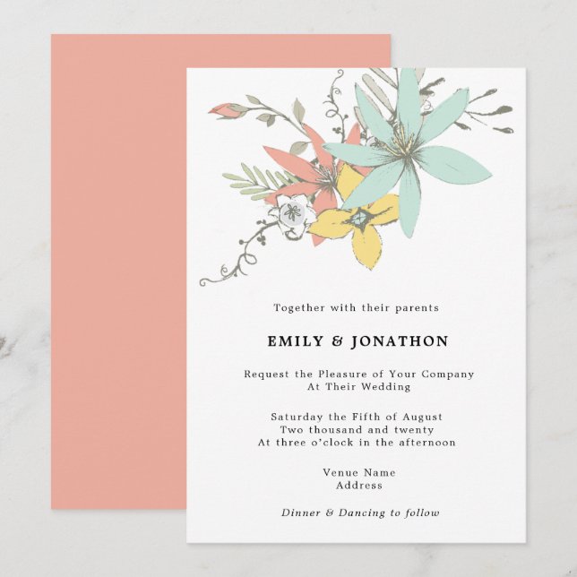 Invitation Artsy Pastel Floral Feuille Turquoise Coral Mariag (Devant / Derrière)