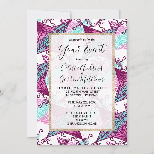 Invitation Artsy rose violet Turquoise géométrique Cerfs-vola (Devant)