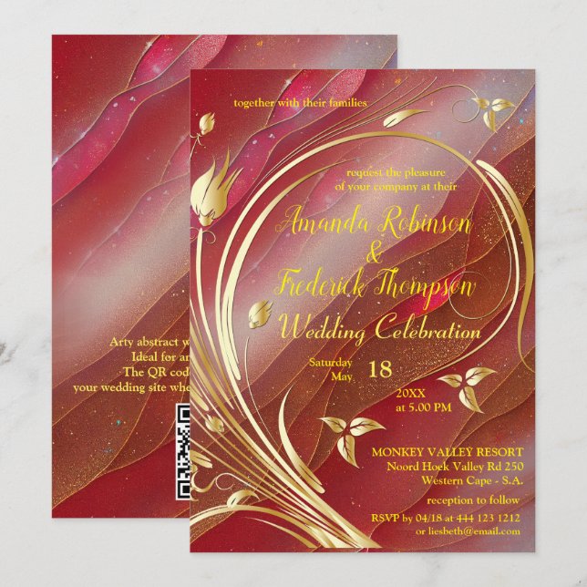 Invitation Arty abstrait Or fleur Magenta 2023 couleur (Devant / Derrière)