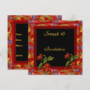 Invitation Asiatique Rouge Noir Floral Sweet 16 Anniversaire