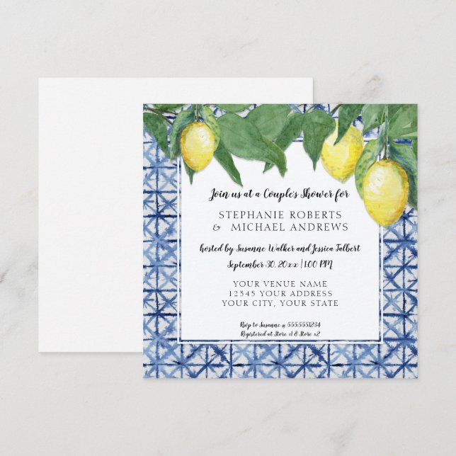 Invitation Asiatique Shibori Blue w Lemon Branch Couples Douc (Devant / Derrière)