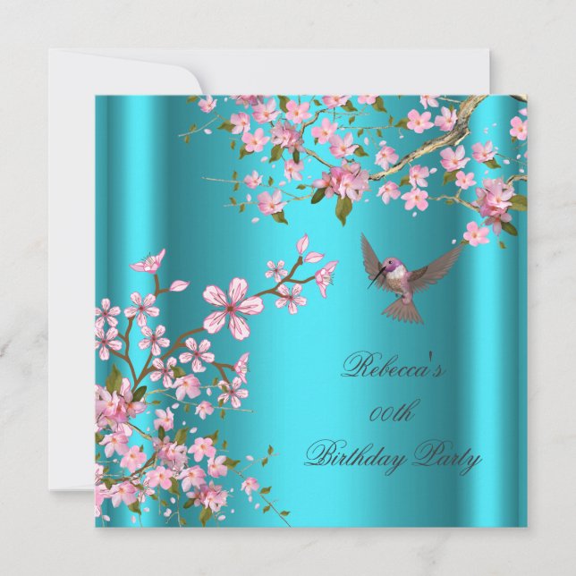 Invitation Asiatique Turquoise rose Fleur Anniversaire (Devant)