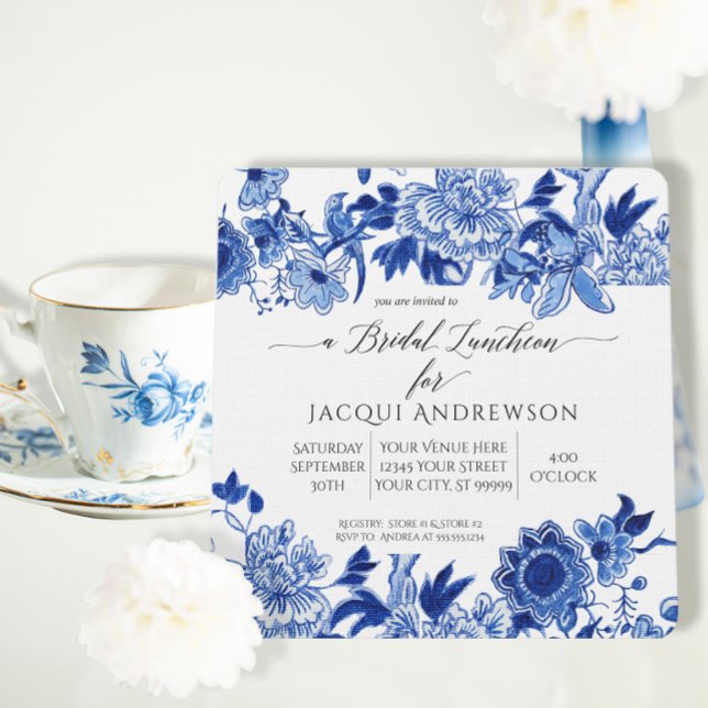 Invitation Asie Influence Bleu Blanc Floral Déjeuner nuptial (Créateur téléchargé)