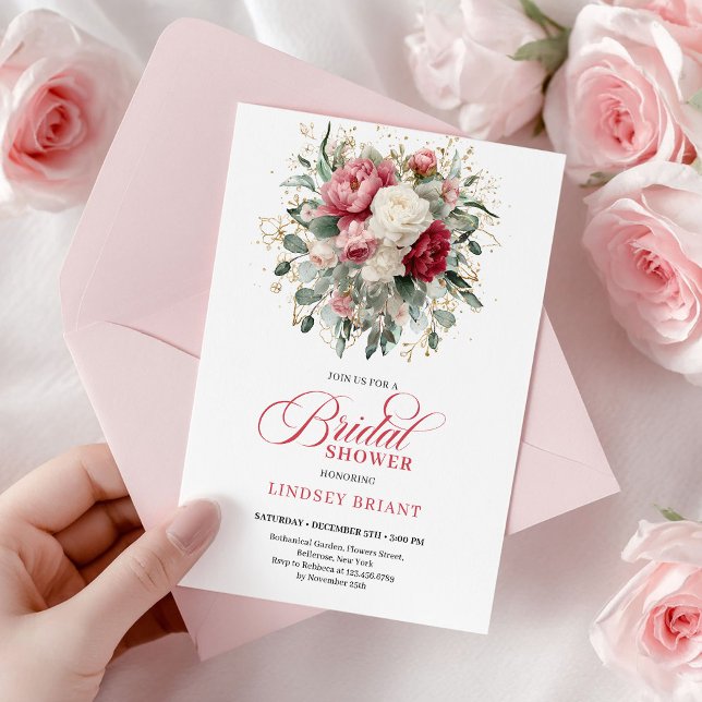 Invitation Assez Boho Ruby Blanc Or Floral Fête de Mariage  (Pretty Boho Ruby White Gold Floral Bridal Shower Card

)