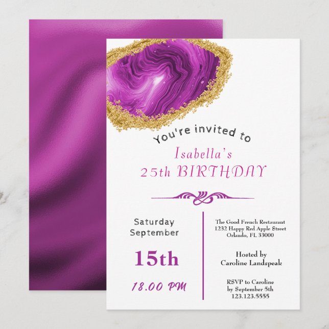 Invitation Assiette rose chic or doré pour anniversaire (Devant / Derrière)