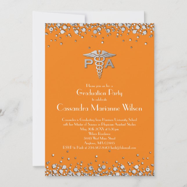 Invitation Assistant de médecin PA Diplômé Orange Argent (Devant)