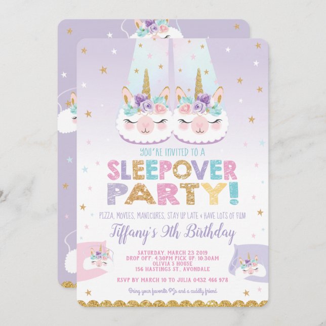 Invitation Assoupissement de fête d'anniversaire de Sleepover (Devant / Derrière)