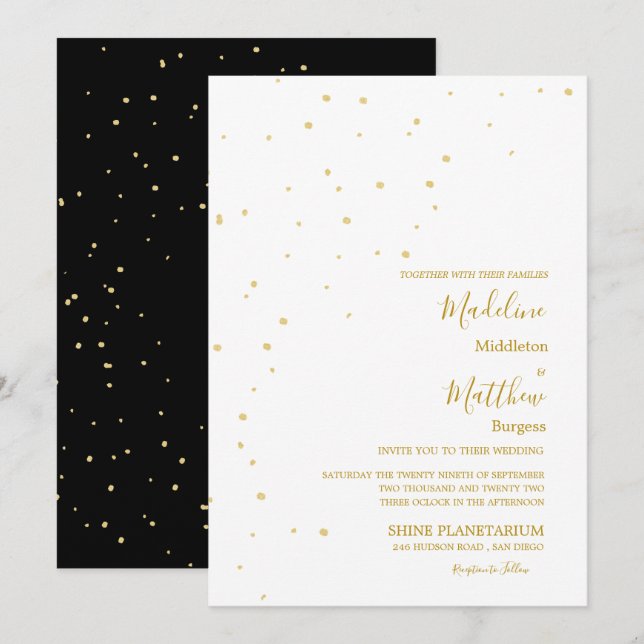 Invitation Astral Gold Spots Noir Mariage du soir (Devant / Derrière)