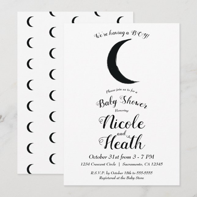 Invitation Astrologie de la Lune du Croissant noir Baby showe (Devant / Derrière)