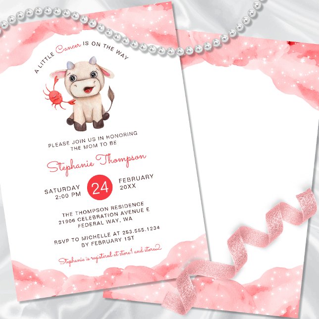 Invitation Astrologie du cancer céleste Baby shower rouge (Celestial Cancer Astrology Red Baby Shower Invitation)