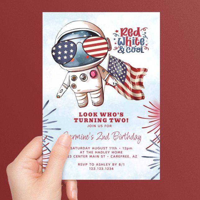 Invitation Astronaut blanc rouge et Cool 2e anniversaire (Créateur téléchargé)