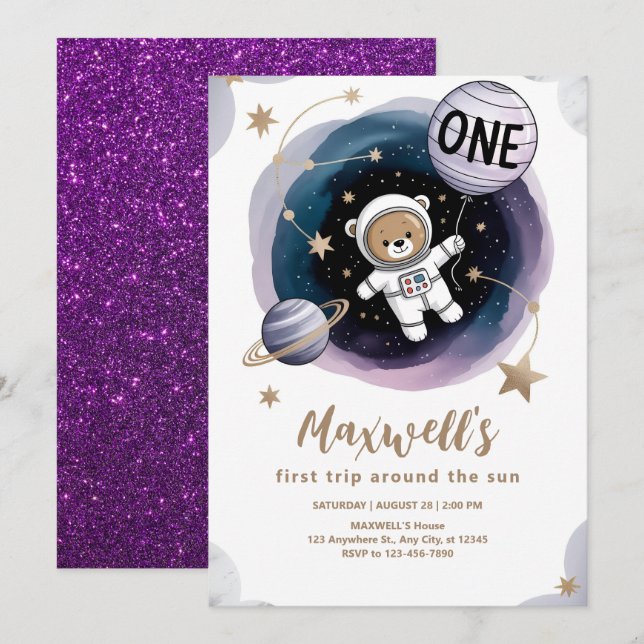 Invitation Astronaut Espace 1er anniversaire (Devant / Derrière)