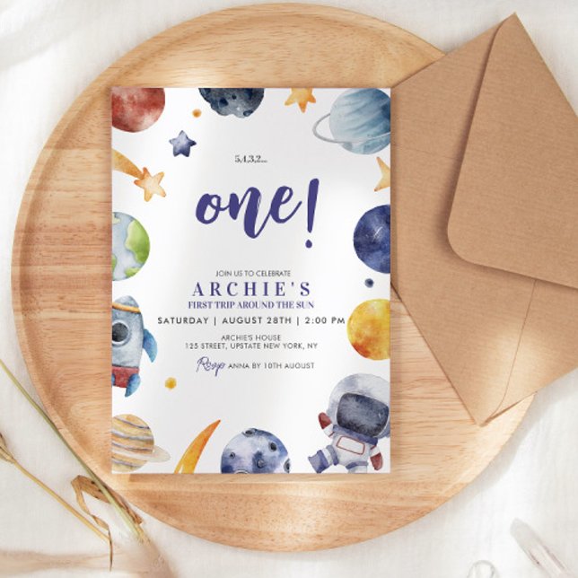 Invitation Astronaut Espace 1er Voyage Autour Du Soleil Anniv (1st trip around the sun themed watercolor illustration birthday invitation party invite template )