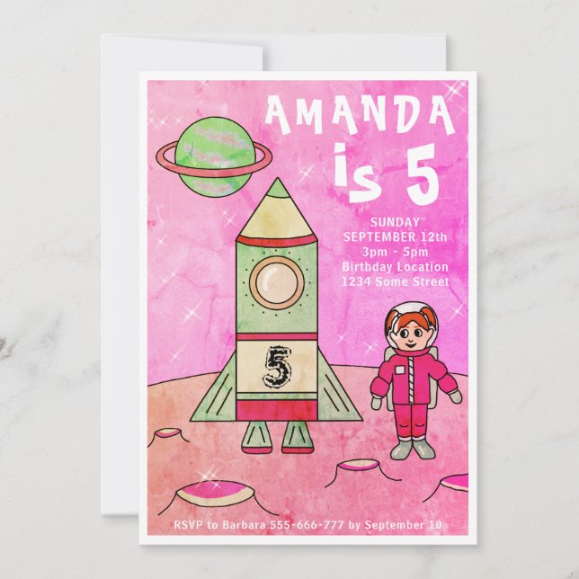 Invitation Astronaut Girl Rocket Ship Rose Anniversaire (Devant)