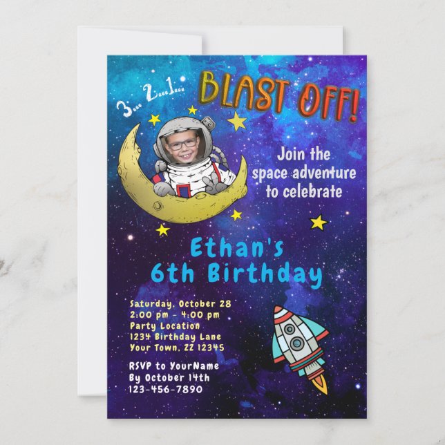 Invitation Astronaut & Moon Photo Anniversaire Fête Invitatio (Devant)