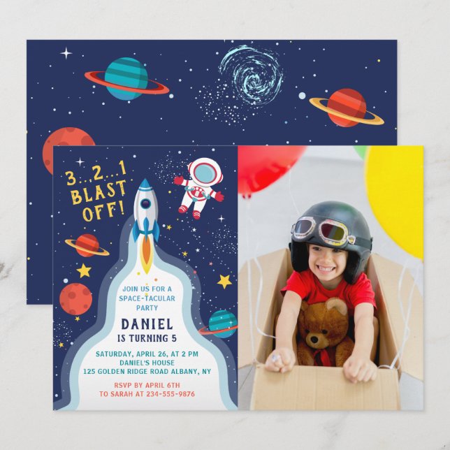 Invitation Astronaut Space Rockship Photo Anniversaire (Devant / Derrière)