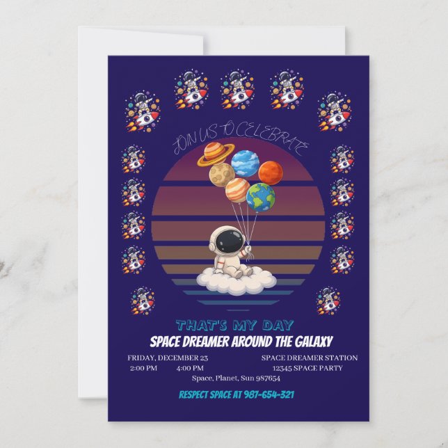 Invitation Astronaute avec ballons planétaires (Devant)
