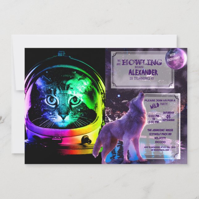 Invitation astronaute de chat coloré (Devant)