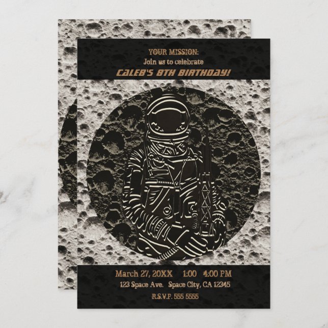 Invitation Astronaute sur la Lune Espace Noir & Gris (Devant / Derrière)