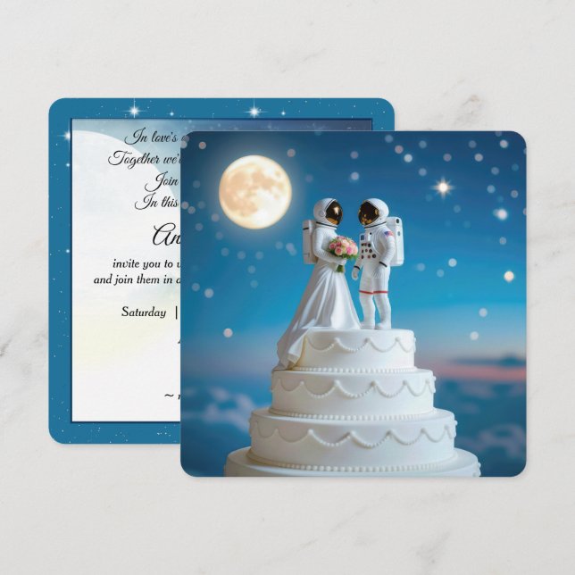 Invitation Astronautes de mariée et de chambre sur un gâteau  (Devant / Derrière)