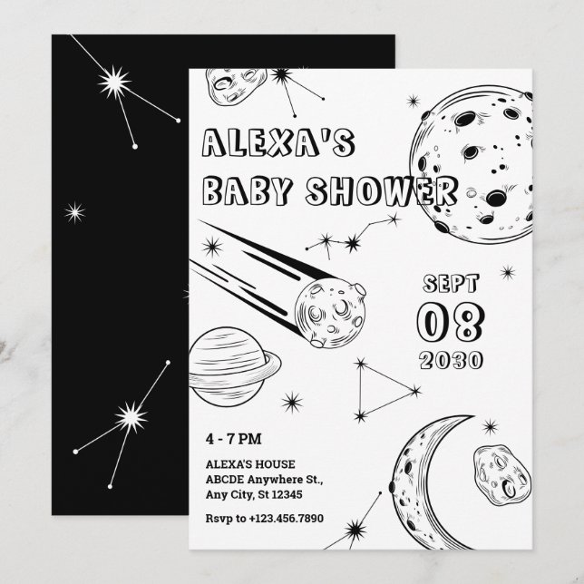 Invitation Astuce bébé lune noire et blanche (Devant / Derrière)