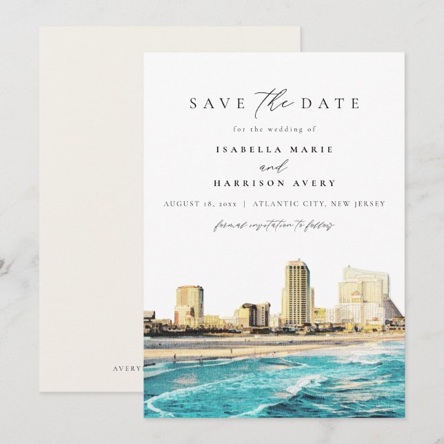 Invitation ATLANTIC CITY Watercolor New Jersey City Skyline (Devant / Derrière)