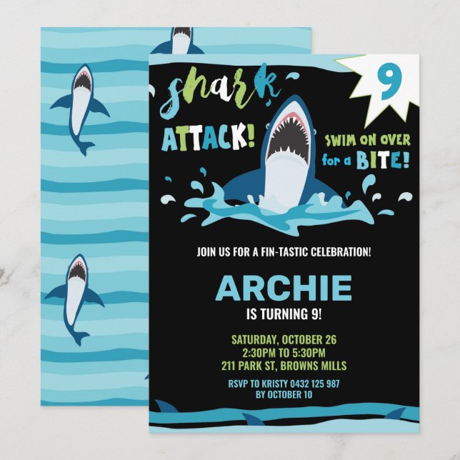 Invitation Attaque de requin Anniversaire de la fête de requi (Devant / Derrière)