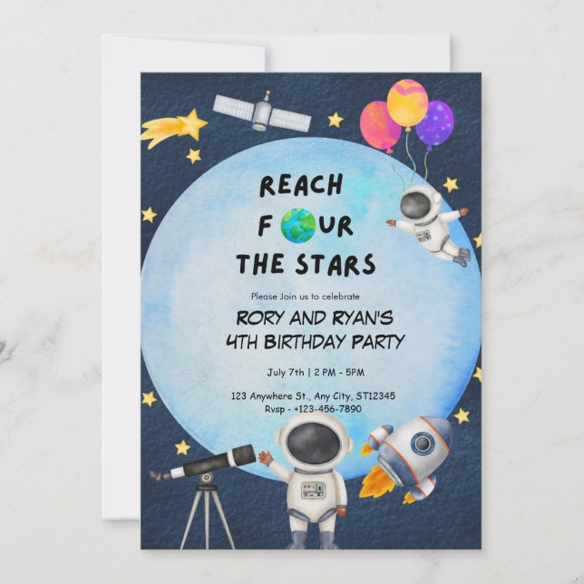 Invitation Atteignez QUATRE étoiles - Twin 4th Birthday Invit (Devant)