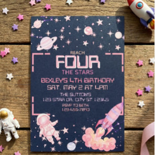 Invitation Atteindre quatre étoiles Espace rose 4e anniversai