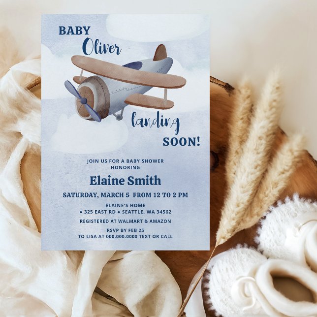 Invitation Atterrissage Bientôt Blue Boy Baby shower d'avion (Landing Soon Blue Boy Airplane Baby Shower Invitation)