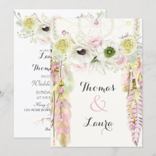 Invitation Attrape-rêve Tribal Boho Aquarelle Rose Jaune