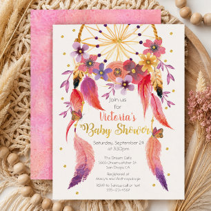 Invitation Attrape-rêves Aquarelle Fête de bébé papier doré