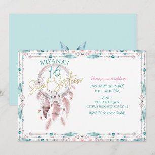 Invitation Attrape-rêves Bohème à Plumes Turquoise Rose Sweet