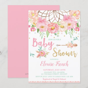 Invitation Attrape-rêves Fille Baby Shower Bohème Rose Floral