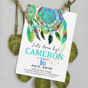 Invitation Attrape-Rêves Turquoise Bohème Anniversaire Aquare