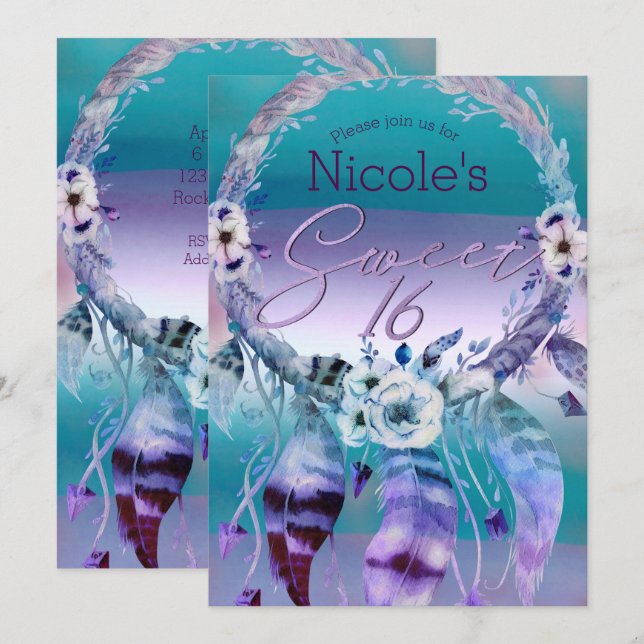 Invitation Attrape-rêves Violet & Sarcelle Fête Douce 16 Bohè (Devant / Derrière)