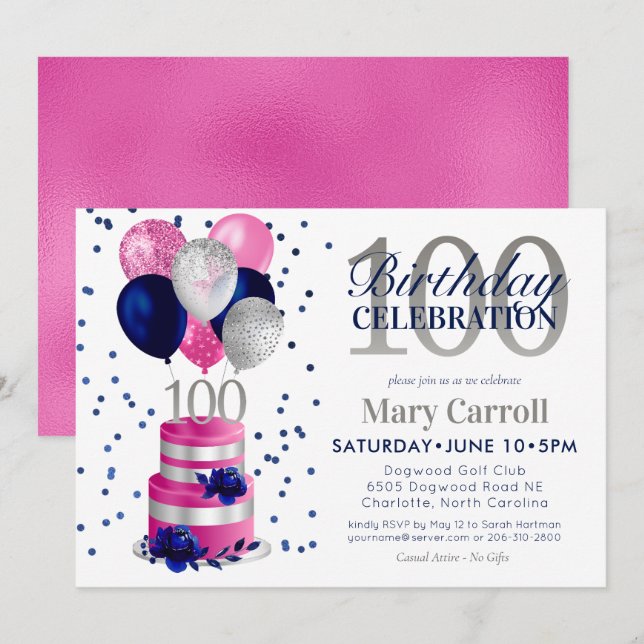 Invitation au 100e anniversaire de Pink Cake (Devant / Derrière)