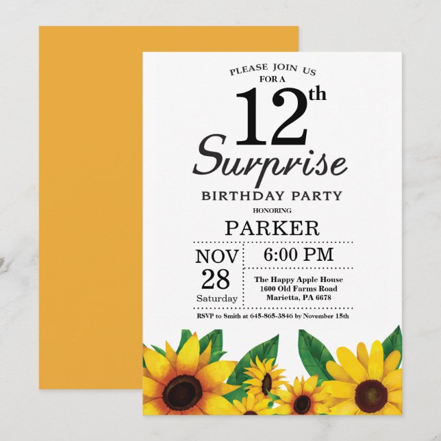 Invitation au 12e anniversaire de Sunflower Surpri (Devant / Derrière)