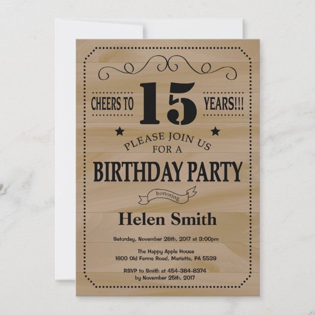 Invitation au 15e anniversaire Bois rustique (Devant)
