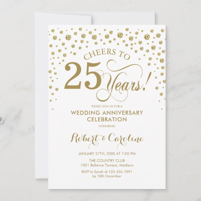 Invitation au 25e anniversaire de mariage or blanc (Devant)