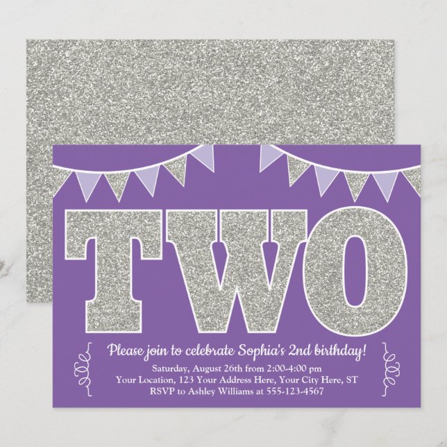 Invitation au 2e anniversaire Purple and Silver| D (Devant / Derrière)