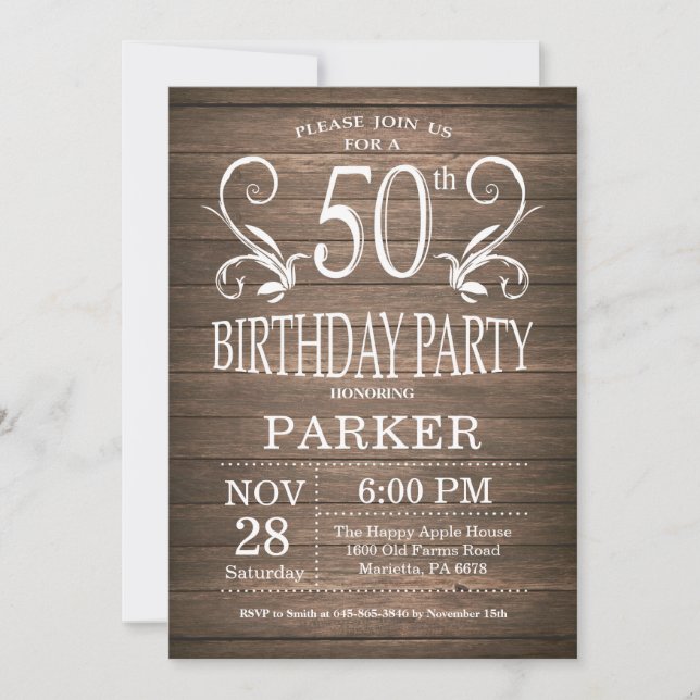 Invitation au 50e anniversaire Bois rustique Flora (Devant)